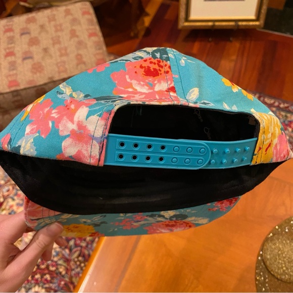 Olive & Pique SnapBack Trucker Baseball Hat, turquoise with pink florals - Picture 2 of 8